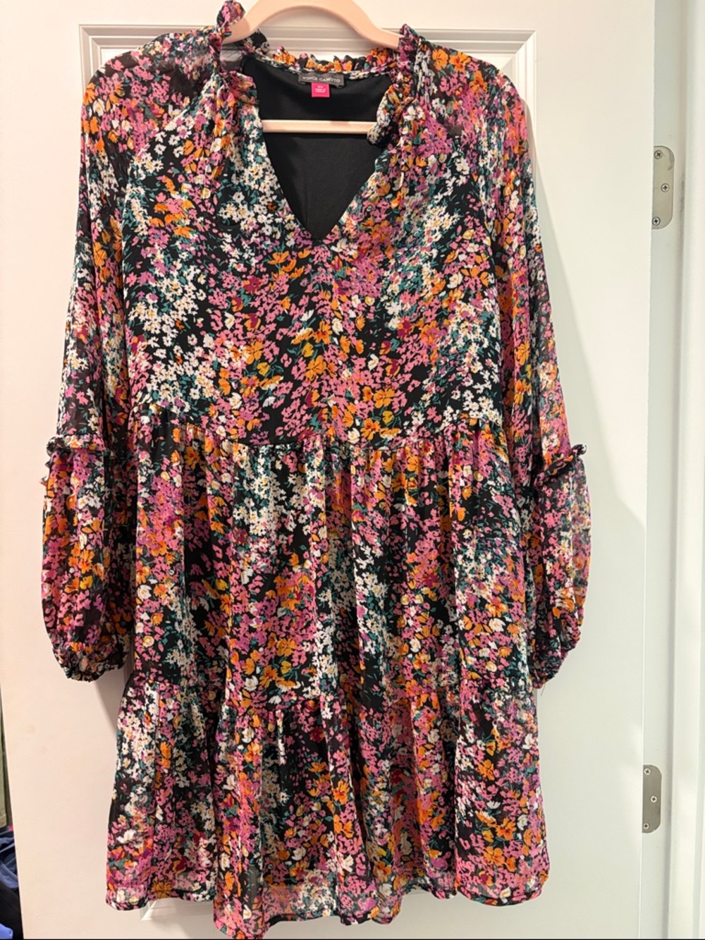 Floral Tiered V-Neck Dress in Pink & Orange